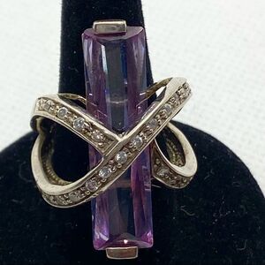 Sterling silver rectangular baguette gem rhinestone studded statement ring - 6.5